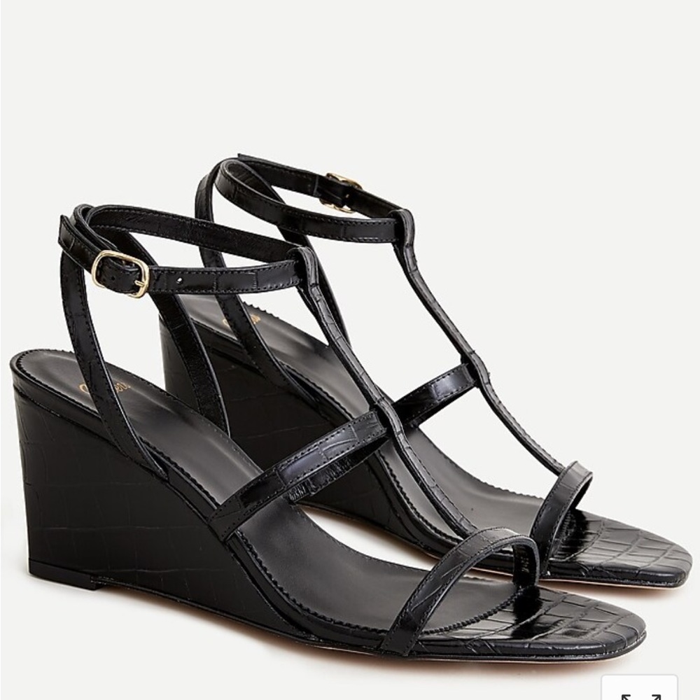 J. Crew T-strap wedges in croc-embossed leather black 8 women’s sandal wedge